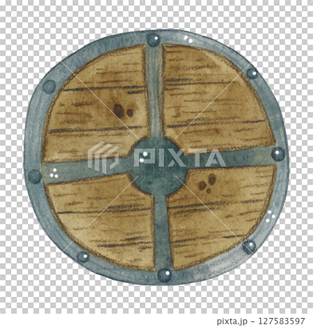 Wooden round shield with an iron edge on a white background 127583597