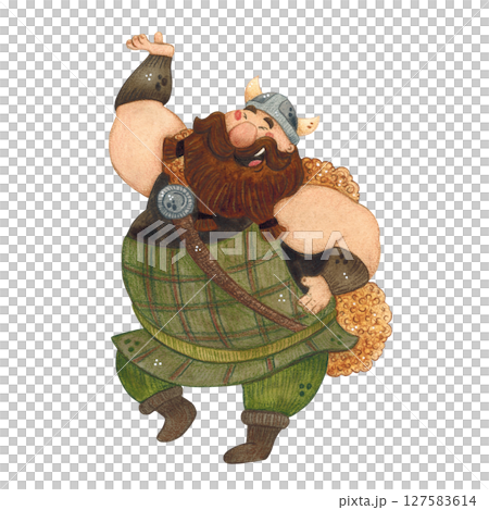 Cheerful Viking in a helmet and a checkered cape on a white background Cheerful Viking in a helmet and a checkered cape on a white background 127583614