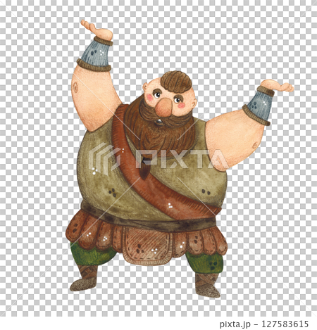Viking, strong man with raised arms stands on a white background 127583615