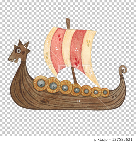 Watercolor illustration of a large Viking boat with a dragon's face and a red striped sail Watercolor illustration of a large Viking boat with a dragon's face and a red striped sail 127583621
