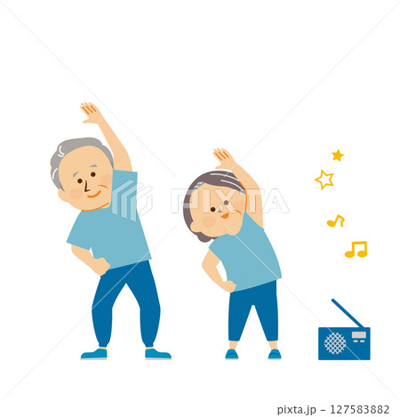 ラジオ体操をするシニア夫婦のイラスト素材 127583882