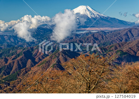 丹沢・檜洞丸から見る紅葉の山並みと雲湧く富士山 丹沢・檜洞丸から見る紅葉の山並みと雲湧く富士山 127584019