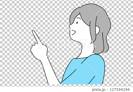 Profile illustration of a young woman smiling and pointing at something 127584294