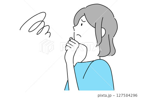 考え込んだ表情で顎に手を添えて悩む女性の横顔ベクターイラスト 127584296