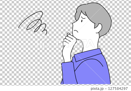 一位男子的側面像，表情若有所思，手托著下巴，向量圖 127584297