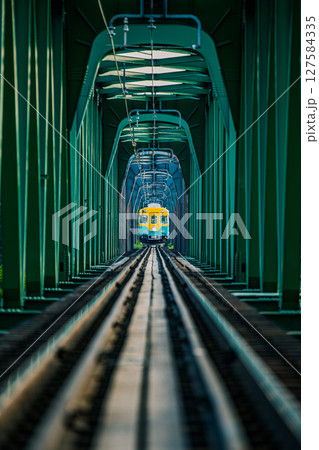 緑の鉄橋を駆け抜けるかぼちゃ列車 127584335