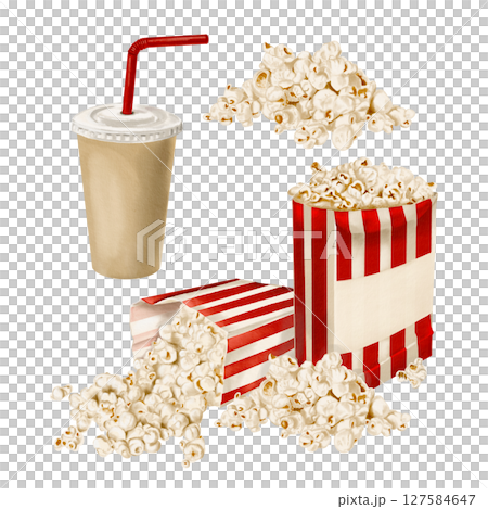 Set of illustrations with popcon.Snack in paper bags. Drink in paper cup with straw. Popcorn spilled. Snack packaging in red stripes. Watercolor illustration isolated from background. Hand drawn.  127584647