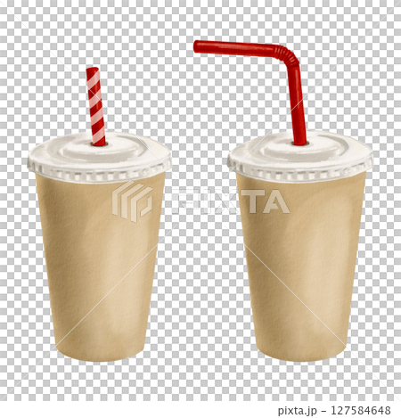 Set of paper cups with plastic lids and red straws. White striped straw. Tableware for street food. Watercolor illustration isolated from background. Hand drawing. High quality illustration 127584648