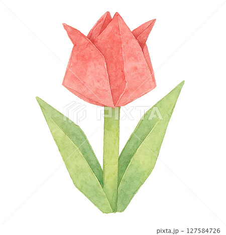 赤いチューリップの折り紙イラスト素材（切り抜き・春・花・手作り） 127584726