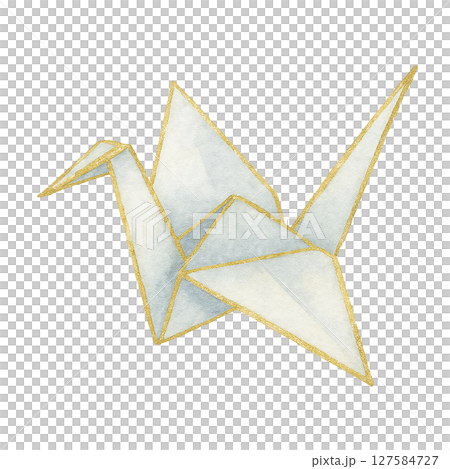 帶有金色邊框的精美白色摺紙鶴插圖（剪紙，日式風格，優雅） 127584727