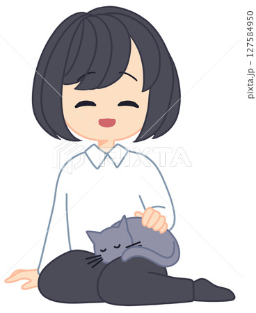 猫を膝にのせている女性 127584950