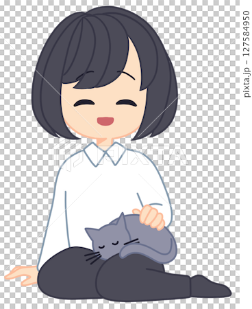 猫を膝にのせている女性 127584950