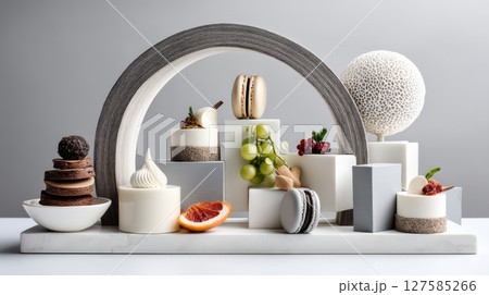 premium food display featuring elegant desserts and fruits arranged artistically on modern pedestal 127585266