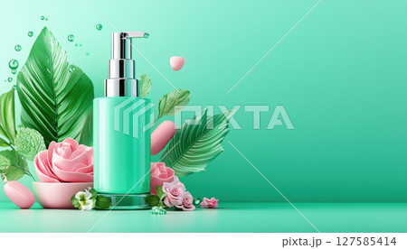 refreshing cosmetic bottle surrounded by vibrant flowers and leaves creates serene atmosphere perfect for beauty products refreshing cosmetic bottle surrounded by vibrant flowers and leaves creates serene atmosphere perfect for beauty products 127585414