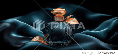 Elegant cosmetic bottle with golden accents resting on luxurious fabric, showcasing beauty and sophistication Elegant cosmetic bottle with golden accents resting on luxurious fabric, showcasing beauty and sophistication 127585492