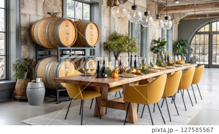 premium dining space featuring long wooden table adorned with food and elegant tableware, surrounded by yellow chairs premium dining space featuring long wooden table adorned with food and elegant tableware, surrounded by yellow chairs 127585567