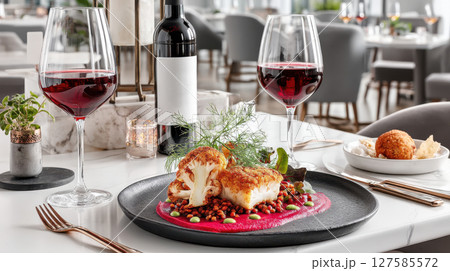 premium food experience featuring beautifully plated cauliflower with lentils and vibrant sauce, complemented by red wine 127585572