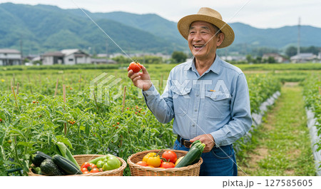 農業に励むシニア男性と野菜のバスケット素材 127585605