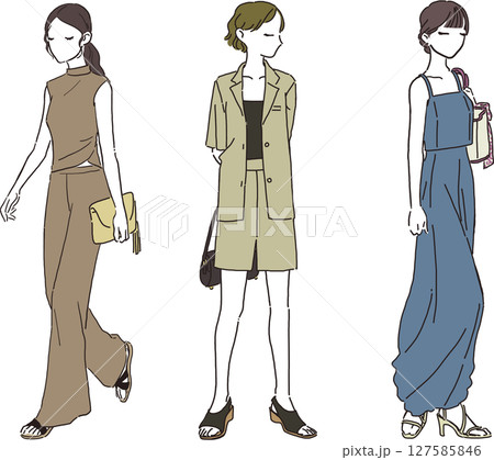 夏のレディースファッション・セットアップコーデのイラスト素材 夏のレディースファッション・セットアップコーデのイラスト素材 127585846