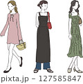 夏のワンピースファッションを着た女性のイラスト素材（3人・全身・おしゃれ・シンプル） 127585847
