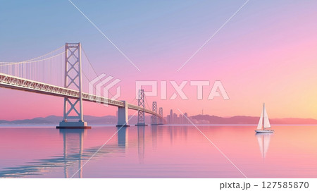 【橋のある風景】夕焼けに染まる巨大な吊り橋 127585870