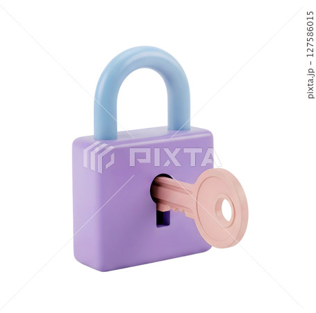 Padlock with a key minimalist 3D rendering in a soft and smooth renderer 127586015