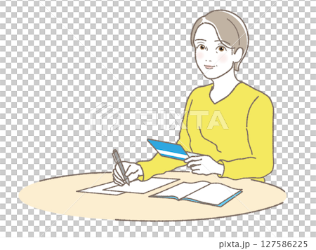 通帳をみながら書類に記入する中高年女性 通帳をみながら書類に記入する中高年女性 127586225