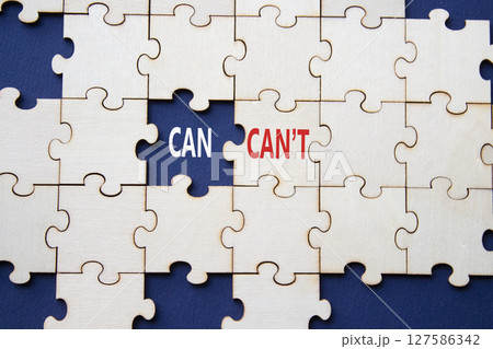 Can or Cant symbol. Concept word Can or Cant on wooden puzzle. Beautiful deep blue background. Business and Can or Cant concept. Copy space 127586342