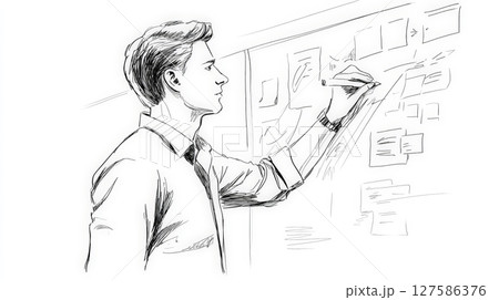 Minimal Line Art of Young Man Brainstorming on Whiteboard. Generative AI Minimal Line Art of Young Man Brainstorming on Whiteboard. Generative AI 127586376