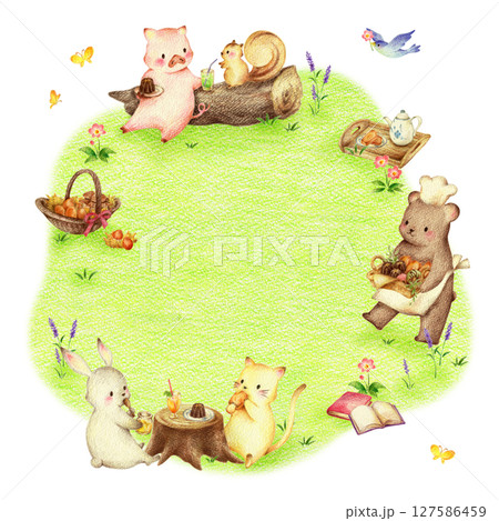 緑の野原でスイーツを食べる動物たちとクマの店員の背景　手描き色鉛筆画 127586459