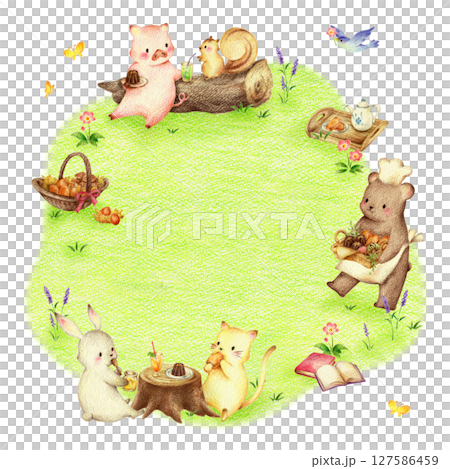 綠色田野裡吃糖果的動物和熊店主的背景手繪色鉛筆畫 127586459