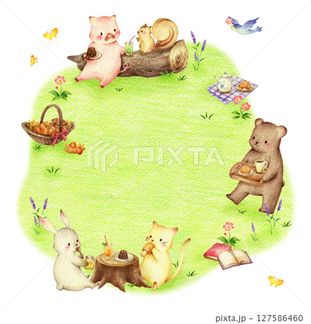 緑の野原でスイーツを食べる動物たちの背景　手描き色鉛筆画 127586460