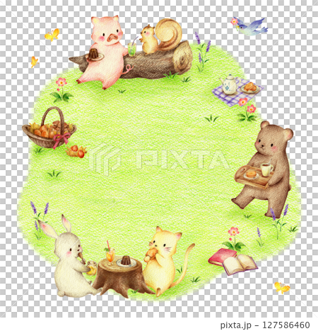 緑の野原でスイーツを食べる動物たちの背景　手描き色鉛筆画 127586460