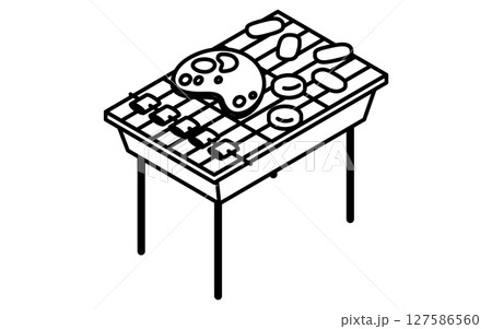 具材の乗ったバーベキューグリルのシンプルな線画イラスト、夏のアイソメトリックイラスト 127586560