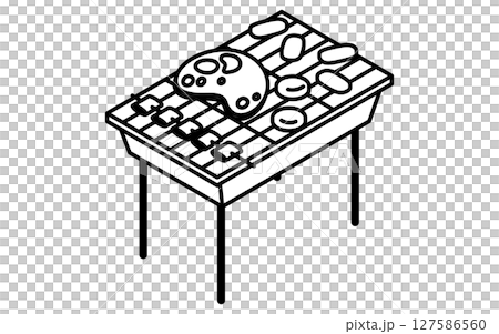 具材の乗ったバーベキューグリルのシンプルな線画イラスト、夏のアイソメトリックイラスト 127586560