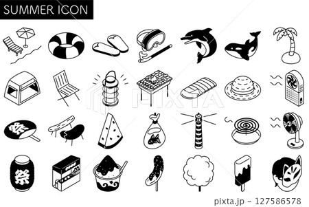 夏のアイコンセット（海やキャンプ、夏祭りなど）のシンプルな線画イラスト、夏のアイソメトリックイラスト 127586578