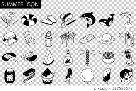 夏のアイコンセット（海やキャンプ、夏祭りなど）のシンプルな線画イラスト、夏のアイソメトリックイラスト 127586578