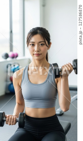 ジムでダンベルを使ってトレーニングする若い女性 127586870