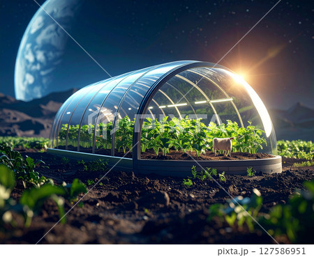 AI generated futuristic space agriculture in a large glass dome on the moon or other planets showing advanced farming of crops and livestock solving Earths environmental and food resource problems 127586951
