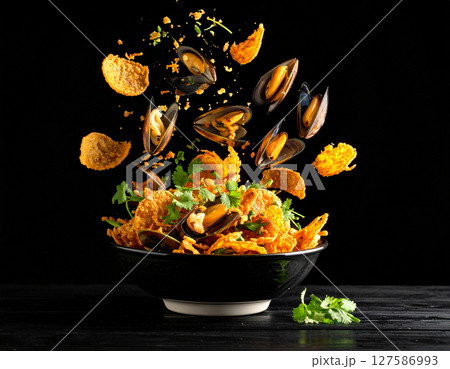 AI generated crispy thai hoy tod mussel pancake with fresh ingredients falling into ornate thai bowl golden crunchy texture savory seafood street food authentic flavor AI generated crispy thai hoy tod mussel pancake with fresh ingredients falling into ornate thai bowl golden crunchy texture savory seafood street food authentic flavor 127586993