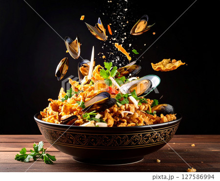 AI generated crispy thai hoy tod mussel pancake with fresh ingredients falling into ornate thai bowl golden crunchy texture savory seafood street food authentic flavor AI generated crispy thai hoy tod mussel pancake with fresh ingredients falling into ornate thai bowl golden crunchy texture savory seafood street food authentic flavor 127586994