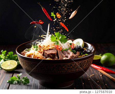 AI generated rich thai boat noodles with fresh ingredients falling into ornate thai bowl dark aromatic broth pork blood rice noodles authentic street food 127587010