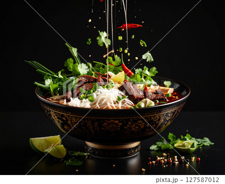 AI generated rich thai boat noodles with fresh ingredients falling into ornate thai bowl dark aromatic broth pork blood rice noodles authentic street food 127587012