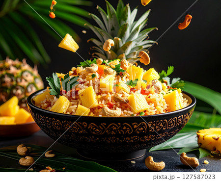 AI generated vibrant thai pineapple fried rice with fresh ingredients falling into ornate thai bowl sweet savory flavors colorful presentation tropical fruits cashew nuts 127587023