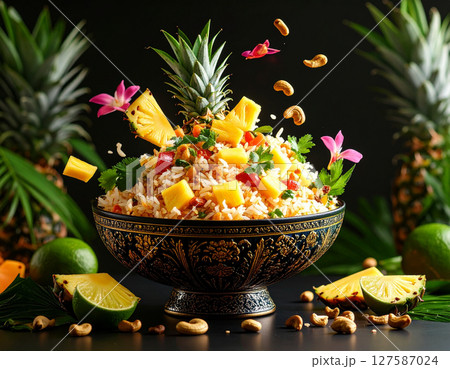 AI generated vibrant thai pineapple fried rice with fresh ingredients falling into ornate thai bowl sweet savory flavors colorful presentation tropical fruits cashew nuts 127587024