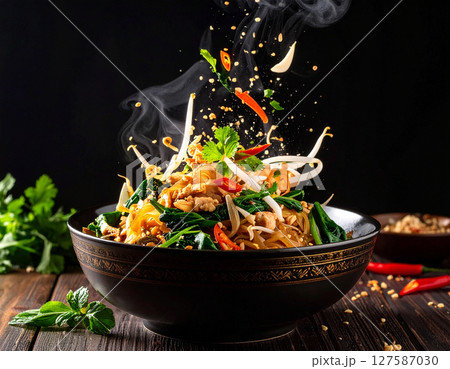 AI generated sizzling thai pad pak boong fai daeng with fresh ingredients falling into ornate thai bowl crispy water spinach garlic chili oyster sauce 127587030