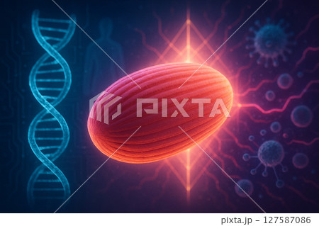 AI generated image of muscle cell with DNA helix and molecular energy flow blending biotechnology consciousness and futuristic biological networks 127587086