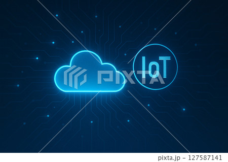 AI generated sci fi illustration showing glowing cloud icon symbolizing IoT and data processing with blue light circuits and multiple connected data nodes representing seamless modern computing AI generated sci fi illustration showing glowing cloud icon symbolizing IoT and data processing with blue light circuits and multiple connected data nodes representing seamless modern computing 127587141