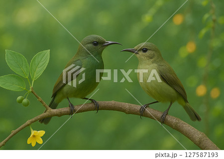 AI generated realistic image of a male and female olive sunbird perched side by side on a branch in a vibrant green forest with soft daylight and a peaceful natural atmosphere 127587193