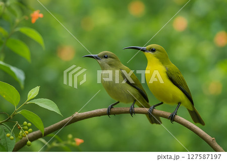 AI generated image of male and female sunbirds sitting on a branch in a vibrant forest setting with soft daylight rich greenery and clear background perfect for creative visual content 127587197
